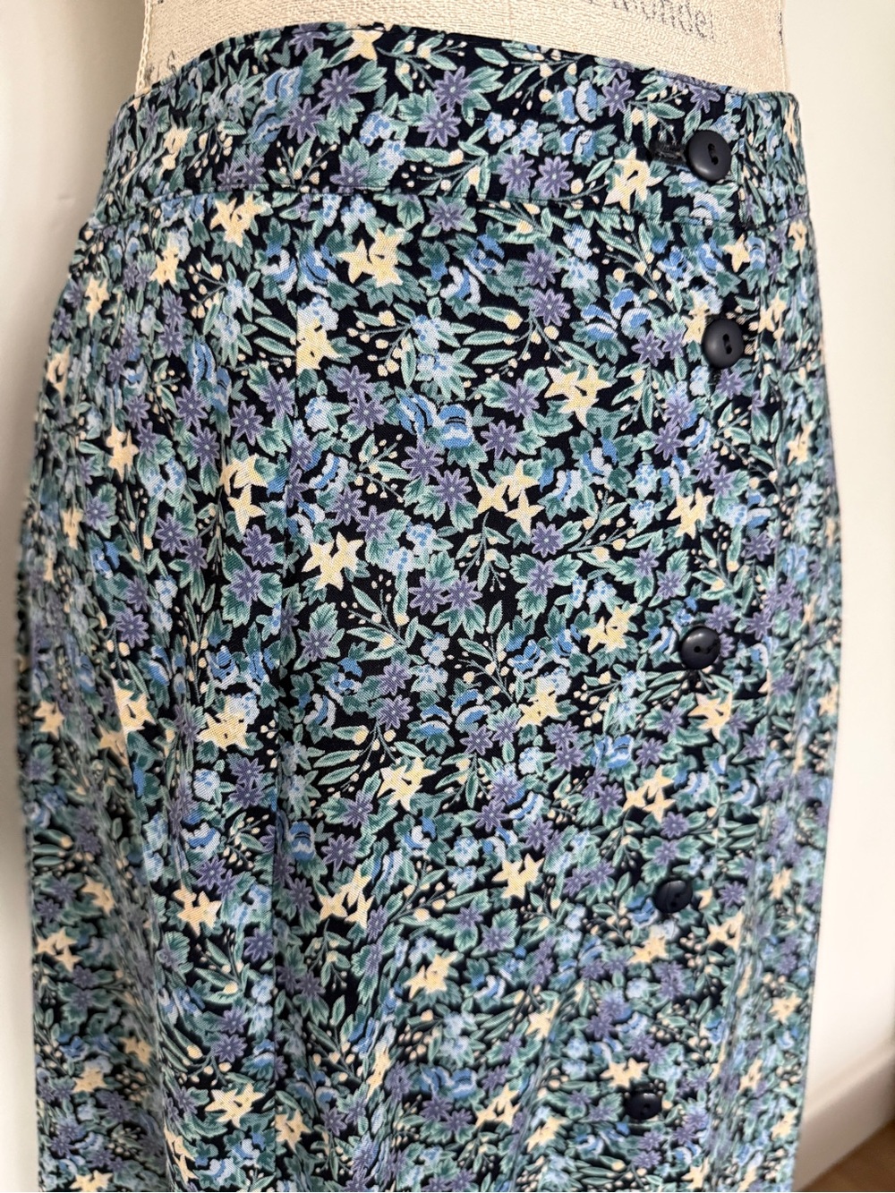 Vintage Blue Floral Maxi Skirt Full Button Front with Elastic Waist - Picture 3 of 7
